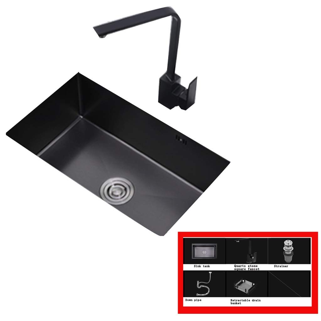 ZQFHSX Kitchen Sinks Fixtures Black Rectangular Nano 304 Stainless Steel Sink Large-capacity Single Basin For Household Use (Color : Black, Size 64 * 43cm)