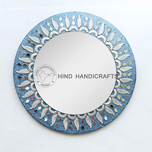 Hind Handicrafts Miroir mural rond en bois turquoise 30,5 cm – Miroir rond de taille moyenne, miroir décoratif rustique pour salle de bain, entrée, salle à manger et salon