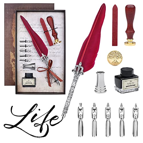 Shorant Pluma de Escritura Conjunto de Tinta Pluma de Pluma Vintage Conjunto de Pluma Quill Pen con 5 Plumines Soporte Bolígrafos Tinta Sello y Cera Caja de Regalo de Graduación Decoración Escritorio Cover