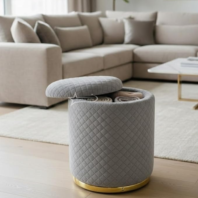 Image of Premium Round Storage Ottoman Stool 16 X 16X 19 inch, with Gold Metal Base | Luxury Pouffe with Hidden Storage | Cushioned Footrest for Living Room, Bedroom & Lounge Grey