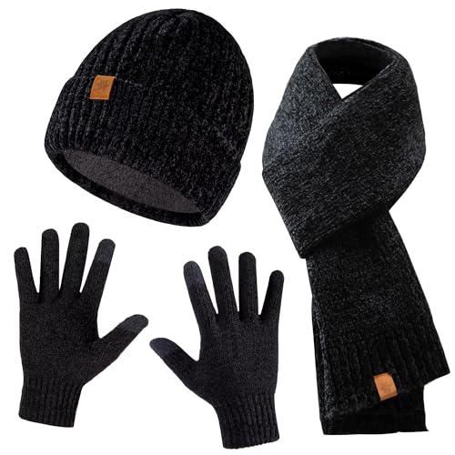 Winter Beanie Hat Scarf Gloves Set for Women, Womens Beanie Long Scarf Neck Warmer Touchscreen Gloves 3 in 1 Set