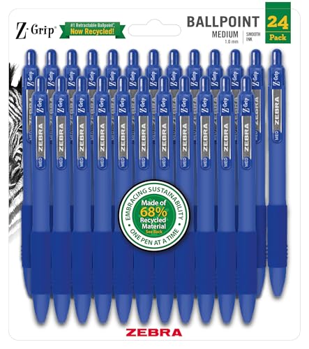 Zebra Pen Z-Grip Recycled Retractable Ballpoint Pens, 1.0mm, Blue Ink, Durable Metal Clip, 68% Recycled (GRS Certified; Global Recycled Standards), School & Office Supplies, 24-Pack (20324)