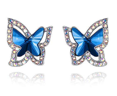 Butterfly Crystal Stud Earrings with Premium Birthstone, Silver-Tone