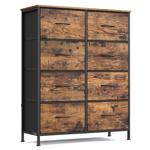SONGMICS BELLAH Kollektion - Kommode Schrank Aufbewahrungsschrank für Schlafzimmer Flur Wohnzimmer Stahl 8 Schubladen Industrie-Stil vintagebraun-tintenschwarz LGS124BH04