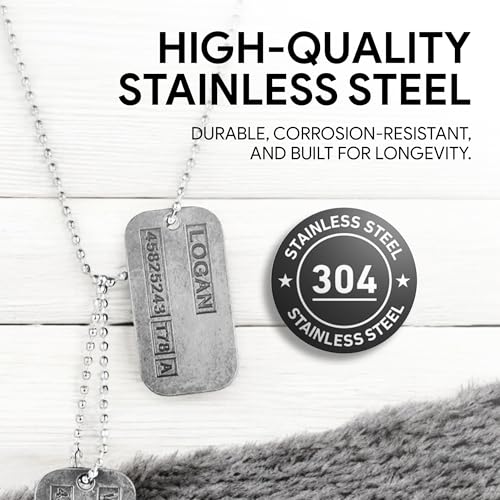 TheDogTagCo Wolverine Logan Edelstahl Erkennungsmarken Cosplay - 2 x Metalllegierung Erkennungsmarken, 1 x 76 cm & 1 x 10 cm Edelstahlkette - Filmkostüm Cosplay Requisite
