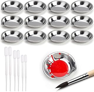 12 Paint Makeup Metal Mixing Palette Round Stainless Steel Paint Tray 1.97 in Diameter with 6 Dropper for Watercolours Oil Water Paint