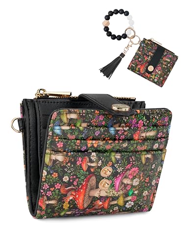 Image of Keychain Wallet Wristlet for Women,RFID Small Mushroom Wallet | Wallet Wristlet with Zipper Coin Pocket,Vegan Leather Card Wallets for Women, 2 ID Window,Gift