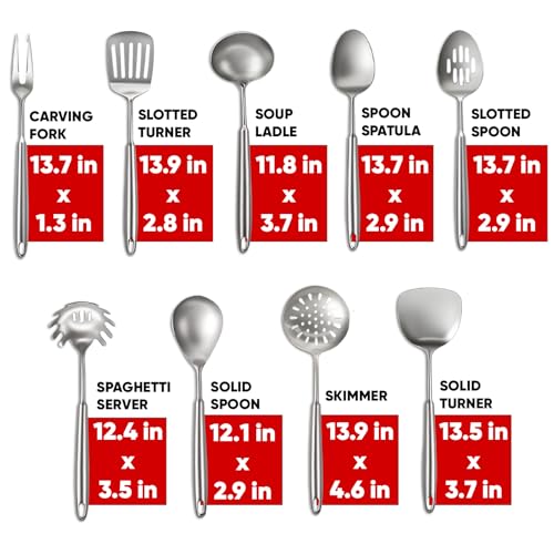 Image of Newness 9 Pcs Cooking Utensils Set, 304 Stainless Steel Kitchen Utensils Set, Metal Kitchen Accessories, Include Soup Ladle, Slotted Skimmer Spoon, Spaghetti Spoon and Spatula, Dishwasher Safe (Short)