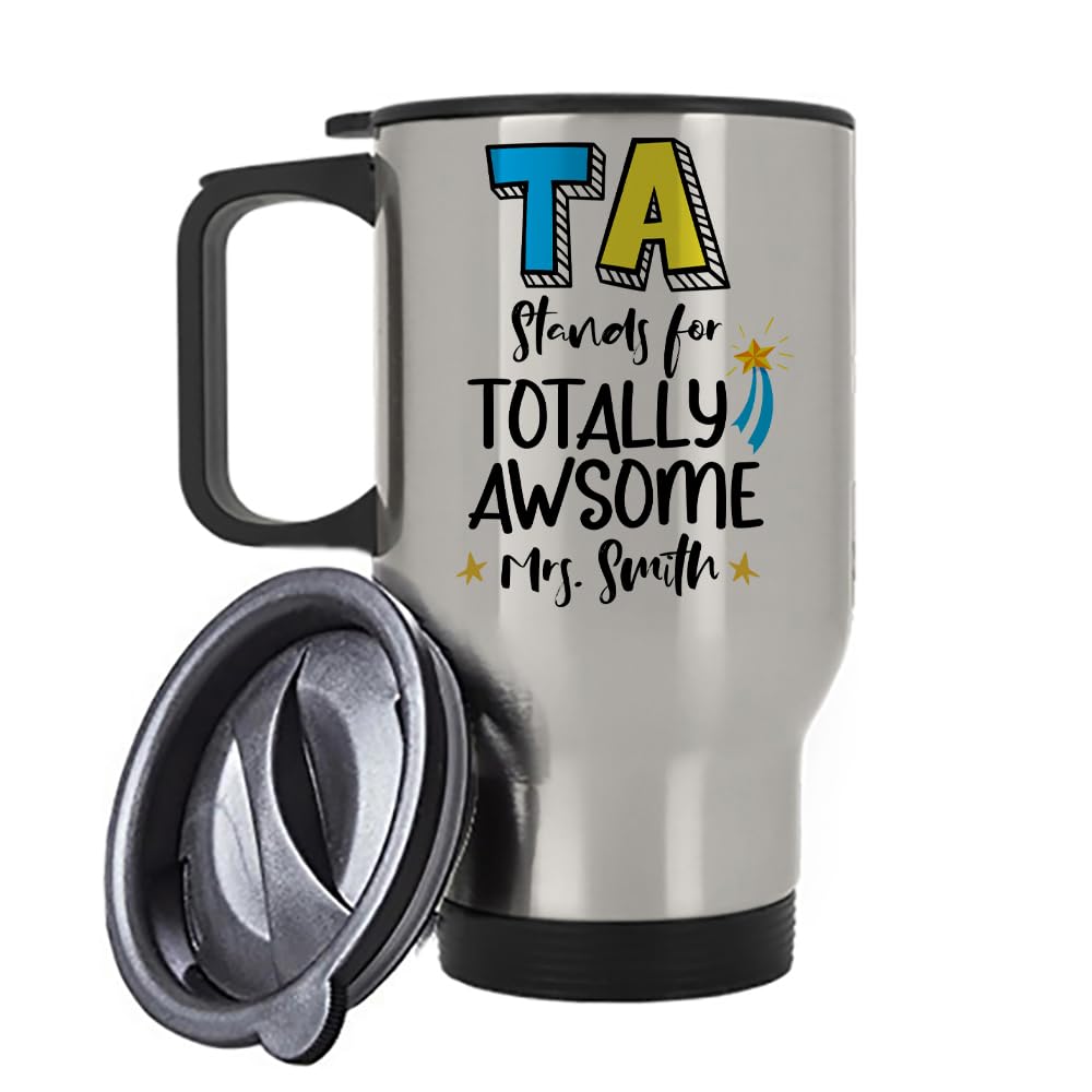 Getagift Personalised TA Stands for Totally Awesome, Teaching Assistant Gift, Insulated 14oz Travel Mug, Tea, Coffee Mug. (Silver)