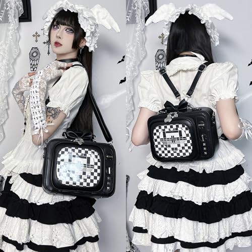 Image of Women TV Shape Gothic Ita Bag Shoulder Bag Halloween Backpack Fun female Clear Window Anime Pins Display Purse (ALL BLACK)