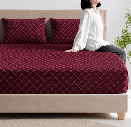 Image of Warm Flannel (Flano) King Size Winter Fitted Bedsheet | All Side Elastic Premium Winter Soft Velvet Furnishing Bed Sheet with 2 Big Pillow Cover Size - 72 x 78 X 8 Inches Dark Maroon