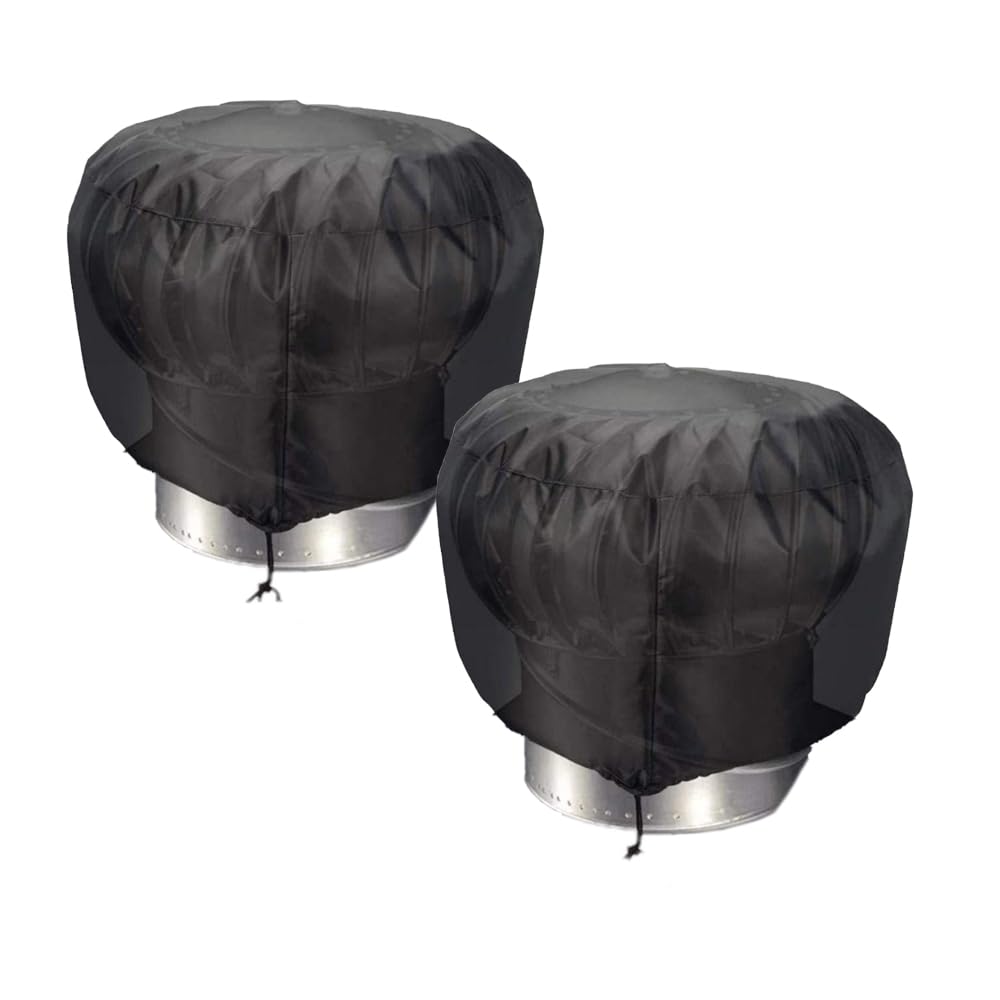 2 cubiertas de ventilación de techo de turbina, color negro, impermeable, protector de ventilador de turbina Oxford con cordón ajustable (30 x 44 cm)