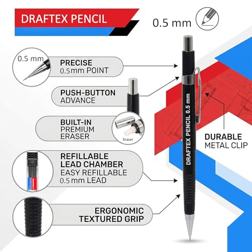 Image of Isomars Draftex 2B Mechanical Pencil Set - 0.5mm Black Pencils with Extra Leads & Erasers | Set of 2 Technical Drafting Pencils for Drawing, Sketching, Engineering, Architecture & Writing