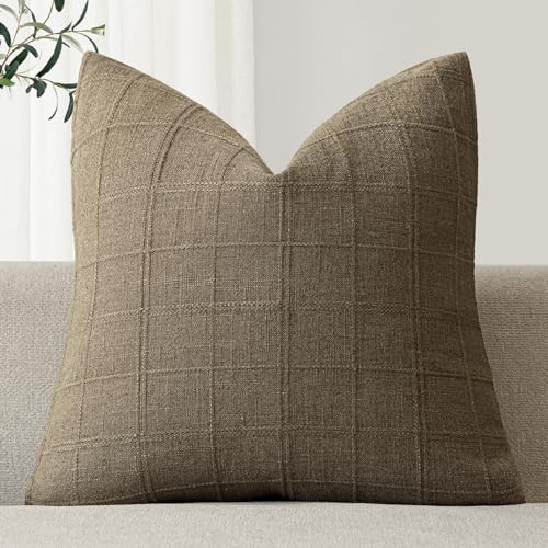 Image of Foindtower Set of 1 Decorative Linen Check Throw Pillow Cover Neutral Farmhouse Vintage Cushion Cover Modern Boho Home Decor for Sofa Chair Couch Bedroom Living Room,20x20 Inch,Light Brown
