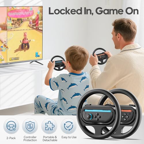Image of Rysker Steering Wheel & Grip for 2025 Nintendo Switch 2 JoyCon, Joy Con 2 Racing Wheel with Detachable Controller Grip for Mario Kart World 8 Deluxe, Switch Attachment Accessories Kit -2 Packs Black