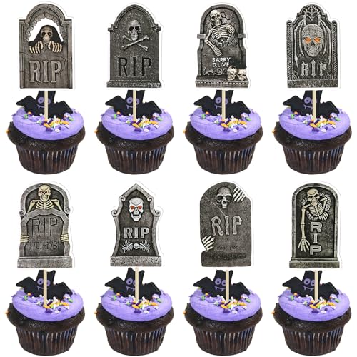 Ephlyn 32Pcs DIY Halloween Tombstone Cupcake Toppers Horrible Gravestone Skeleton Cupcake Picks for Happy Halloween Theme Birthday Party Cake Decorations Supplies