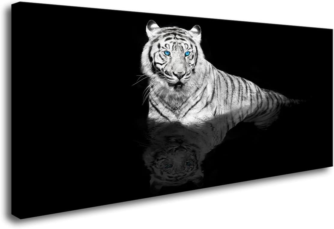 D01350 Black & White Tiger Canvas Wall Art Wild Animal Print Picture 1 Panel Blue Eyed Tiger Painting Artwork for Kitchen Office Home Wall Decor Stretched and Framed Ready to Hang 20.00" x 40.00" Black