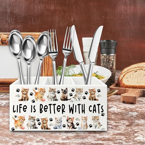 Image of Cat Pen Pencil Holder Organizer for Desk, Cat Lovers Mom Lady Gifts for Women, Life Is Better with Cats Wooden Box Signs Decorations for Home Office Desk Tabletop, Gifts for Pet Lovers