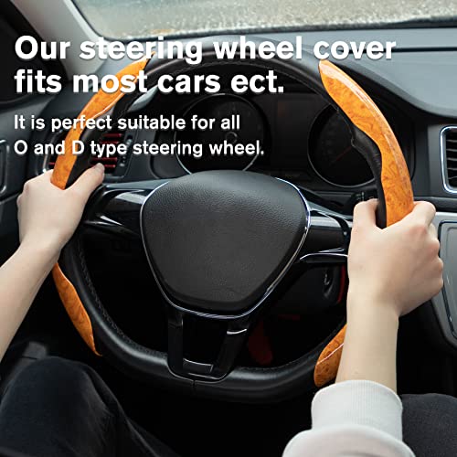 Image of Amiss Car Wood Grain Steering Wheel Cover, Car Interior Accessories, 2PCS Segmented & Butterfly Design, Universal 99% Vehicle Wheel Cover Protector (Yellow)