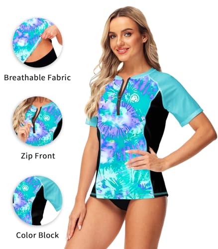 Image of AOBUTE Women Zip Rash Guard UPF 50+ Gradient Short Sleeve Swim Top Surf Shirts