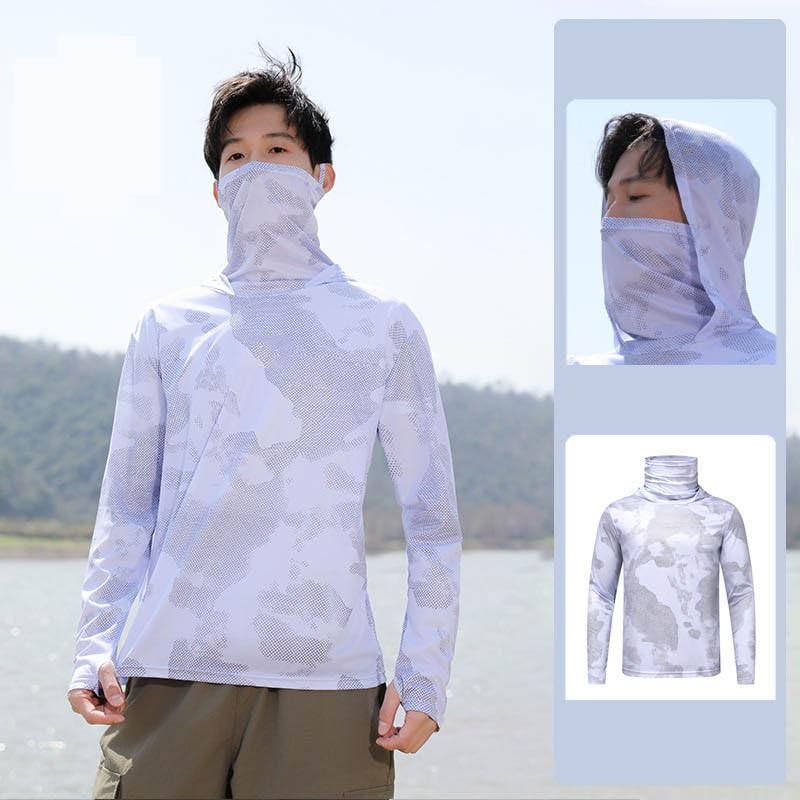 UPF 50+ Sun Protection Shirt Men's Fishing Long Sleeve Hooded Rash Guard Hiking Swimming Running UV Hoodie with Mask2