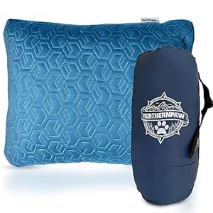 Camping Pillow – Soft & Breathable Backpacking Pillow for Camping w/Gel Memory Foam, Cotton – Water-Resistant, Blue Camp Pillows for Sleeping – 17” x 14” x 4.5” Travel Size Camp Pillow