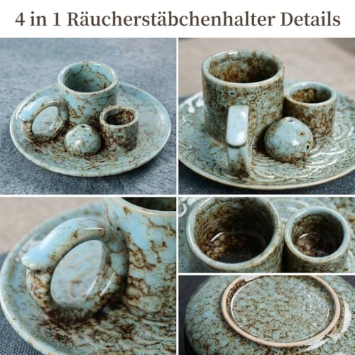 4 IN 1 Räucherschale Keramik, Räucherstäbchenhalter mit Ascheschale, Räuchergefäß für das Verbrennen von Salbei, Palo Santo, Räucherstäbchen und Räucherkegeln, für Home Decor, Meditation und Yoga