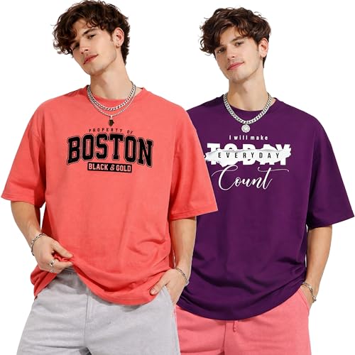 Image of London Hills Printed Cotton Blend Half Sleeve Oversized Men Round Neck Tshirts | T Shirt for Man | Tshirt | Shirts Men | Tshirt for Man | T-Shirt | Pack of 2