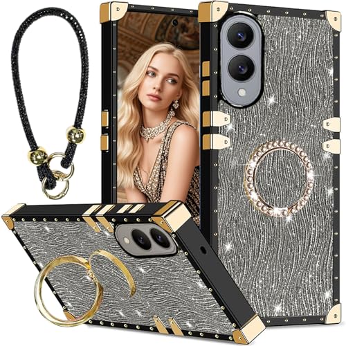 Coque Paillettes Samsung S25 Edge Étui Fine Ondulations avec Anneau Housse Magnétique Noir