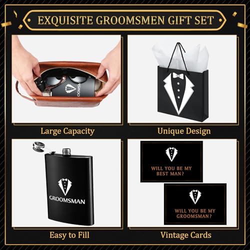 60Pcs Groomsmen Gifts Groomsmen Proposal Box with Flasks Sunglasses PU Leather Toiletry Bag Bottle Opener for Wedding Groomsman Best Man Gift (Brown)