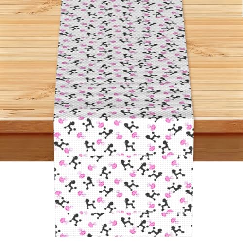Chemin de table rustique imprimé bouteille de parfum rose girly et caniche, tapis de fête de jardin de printemps, tissu de salle à manger feuille de...