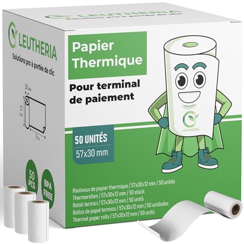 Carton de 50 bobines de papier thermique pour carte bleue - Rouleaux thermiques 57x30x12mm pour ticket de caisse/reçu carte bancaire/rouleau cb/imprimante -...