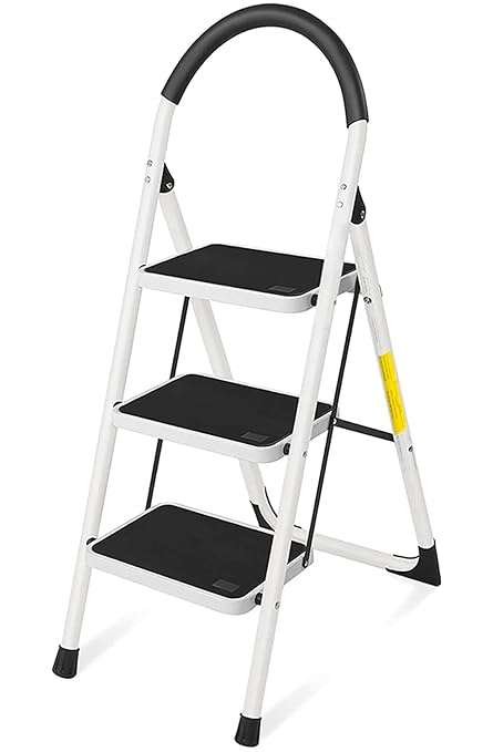 3 Step Ladder, Folding Step Stool with Handle, Lightweight, Perfect for Kitchen& Household, 500lbs Capacity Sturdy Steel Ladder, Step Stools for Adults