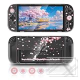 NANANINO Switch 2 Case for Nintendo Switch 2, Dockable Clear Protective Cover with Cherry Blossom Cat Design, Tempered Glass Screen Protector & Thumb Grips, Kawaii Pink Case for Girls