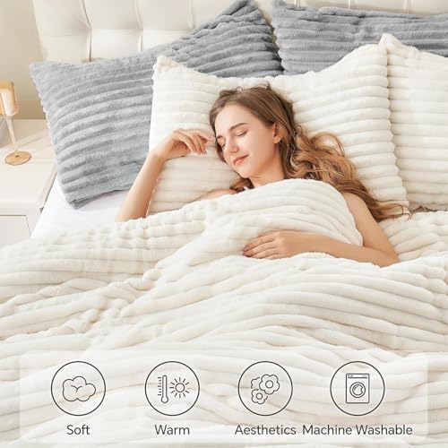 BEDELITE Fleece Oversized Queen Comforter Set -Super Soft & Warm Fluffy Cream White Bedding, Luxury Fuzzy Heavy Bed Set for Winter with 2 Pillow Cases
