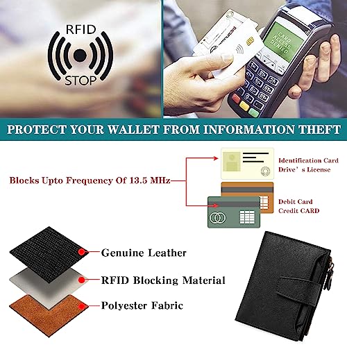 Image of GOIACII RFID Secure Wallet for Women Small Card Holder Leather Black | Trifold Billfold, Cross Grain Leather, Compact Size, 4 ID Windows, 12 Card Slots, 1 Zipper Coin Pocket, Minimalist