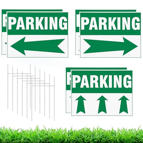 DoubleFill 6 Pcs Parking Signs with Metal H Stake 16 x 12 Inches Event Parking Sign for Outside with Directional Arrows Corrugated Plastic Waterproof Directional Signs for Outdoor Yard Wedding(Green)