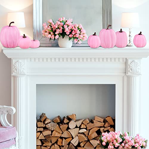 Image of Winlyn 7 Pcs Assorted Sizes Fall Artificial Pink Pumpkins Harvest Faux Foam Pumpkins for Fall Autumn Season Halloween Thanksgiving Harvest Holiday Season Festive Tabletop Decoration