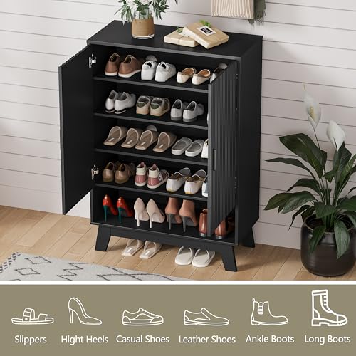 Image of Shoe Cabinet Storage for Entryway, 5 Tier Fluted Shoe Storage Cabinet with Wooden Legs, Narrow Hidden Shoe Organizer with Adjustable Shelves, Freestanding Shoe Rack for Entryway, Hallway, Black