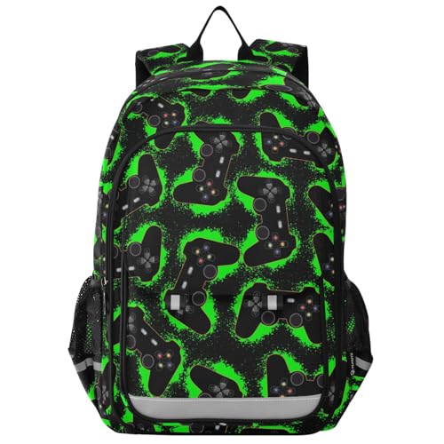 Black Green Video Game Backpack Girls Boys Elementary School Bags Bookbags Laptop Backpack Travel Daypack Safe Reflective Stripes
