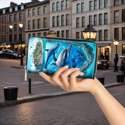 Wallet,Large Capacity RFID Blocking Leather Wallet, Durable Smooth Zipper Clutch,Unisex Travel Wallet for Cards,Cash,and Coins - Dolphin3