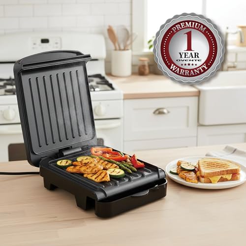 OVENTE 2-Serving Electric Indoor Grill & Panini Press with Easy Clean Non-Stick Plate Coating, Opens 180 Degrees, 8.15" x 7.4" Space Saving Design, 750W Contact Grill for Burgers & More, Black GP222B 2 OVENTE 2-Serving Electric Indoor Grill & Panini Press with Easy Clean Non-Stick Plate Coating, Opens 180 Degrees, 8.15" x 7.4" Space Saving Design, 750W Contact Grill for Burgers & More, Black GP222B - Image 3