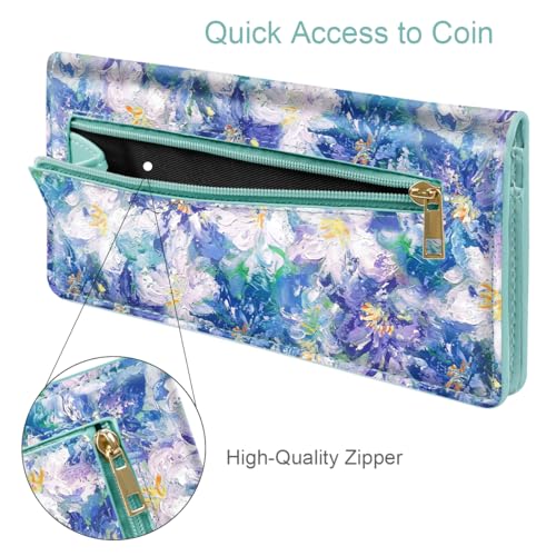 Ultra Slim Womens Wallet Minimalist Thin Long Leather Bifold Wallet RFID Blocking Card Holder Organizer with Zipper Coin Pocket Ladies Girls Gift Purse, Blue Flowers4