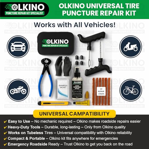 Image of 12-in-1 Tubeless Tyre Puncture Repair Kit for Cars & Bikes | Heavy-Duty T-Handle Tools & 10 High-Grip Repair Strips | with Plier, Solution, Cutter, Gloves (with Storage Bag)