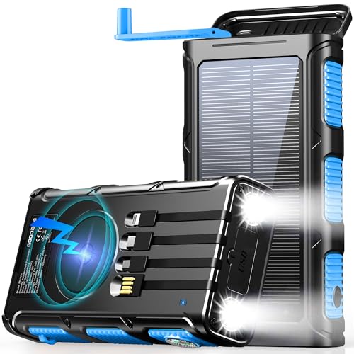 Wireless Power Bank with Hand Crank, Solar Charger, and Emergency Features for Outdoor Enthusiasts