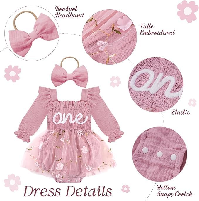 HONGTEYA Baby Girl 1st Birthday Outfit First Birthday Gifts Long Sleeve Tulle Dress One Year Old Bodysuit Clothes - Image 3