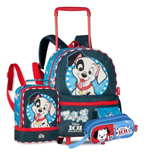 Kit Mochila Carrinho com Lancheira Térmica e Estojo Duplo Escolar Infantil 101 Dálmatas