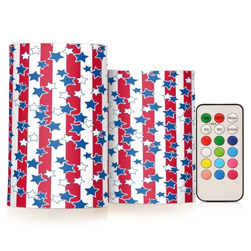 Image of American Flag USA 4th July Red White Blue Star Stripe Flickering Flameless Candles Battery Operated Remote Timer,Tea Light Candles LED Pillar Votive Candles set of 2 for Outdoor Indoor Decoration