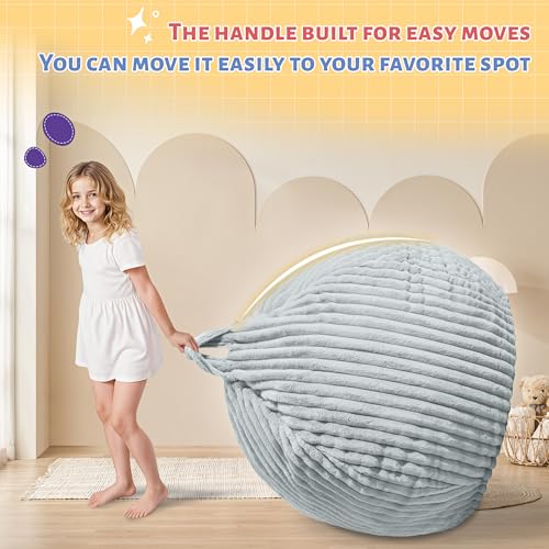 Image of HABUTWAY 2FT Bean Bag Chair, 2' Bean Bag Chairs with Memory Foam Filled, Small Comfy Beanbag Chair with Stripe Plush Cover for Living Room Bedroom Dorm,Light Grey