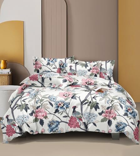 Image of Bedding Set Combo of Double Bed Duvet Cover Set with Fitted Bedsheet & 2 Pillow Covers | 300 TC Cotton Fabric | Zipper Closure |All Round Elastic|Warm Stuff|SED 025|White Petals | Breathable material